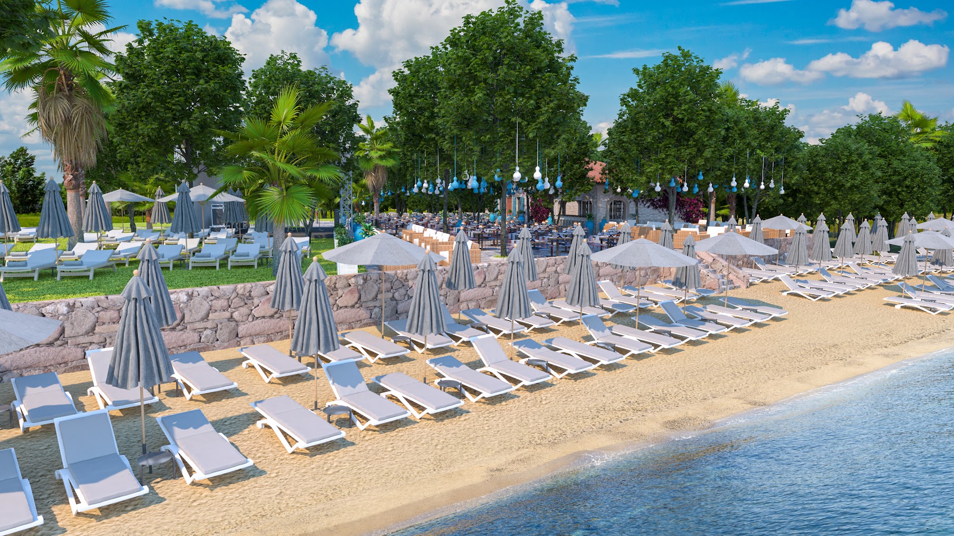 Utopia Resort & Residence pludmales josla ar daudziem sauļošanās krēsliem un saulessargiem — sakopta smilšu pludmale pie dzidra ūdens