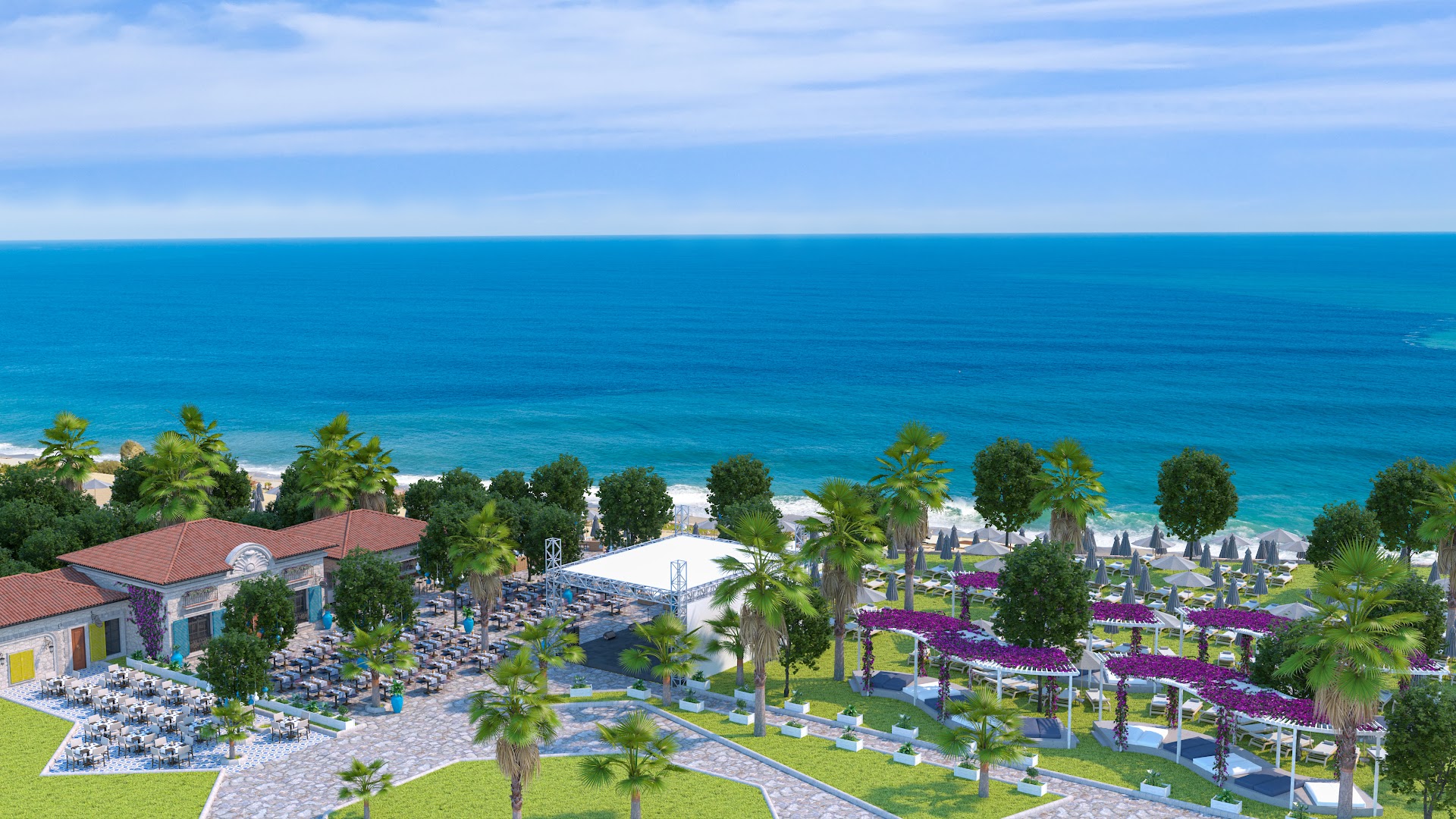 Utopia Resort & Residence āra restorāna zona un atpūtas terase pie jūras — balti galdiņi, palmas un skats uz zilo Vidusjūru