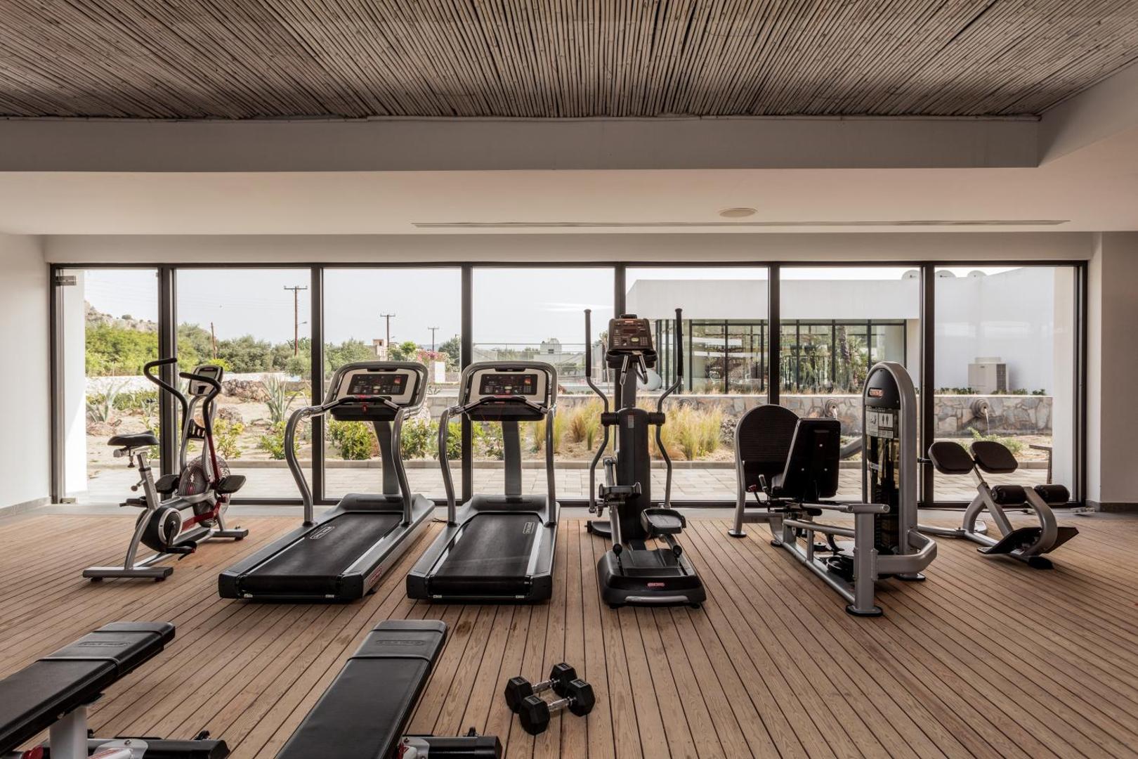 Casa Cook Rhodes mūsdienīga fitness zāle ar skatu uz dārzu — skrejceliņi, eliptiskie trenažieri un brīvie svari uz koka grīdas