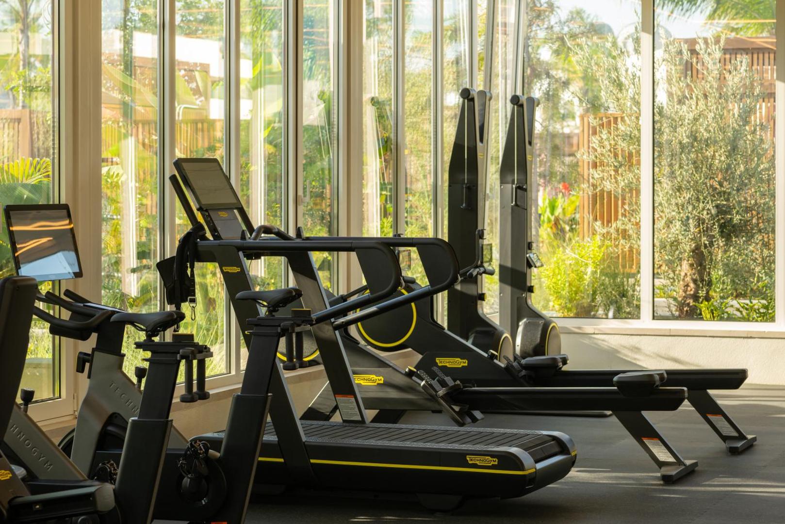 Mitsis Faliraki Beach Hotel & Spa fitnesa centrs ar moderniem Technogym trenažieriem un skatu uz dārzu caur lieliem logiem