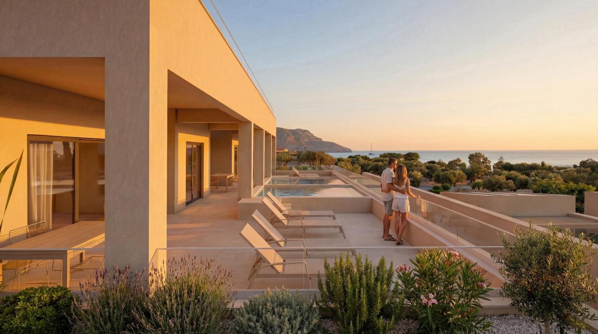 Alianthos Estate Resort terase ar sauļošanās krēsliem un baseinu saulrietā — pāris vēro skatu uz jūru un piekrasti