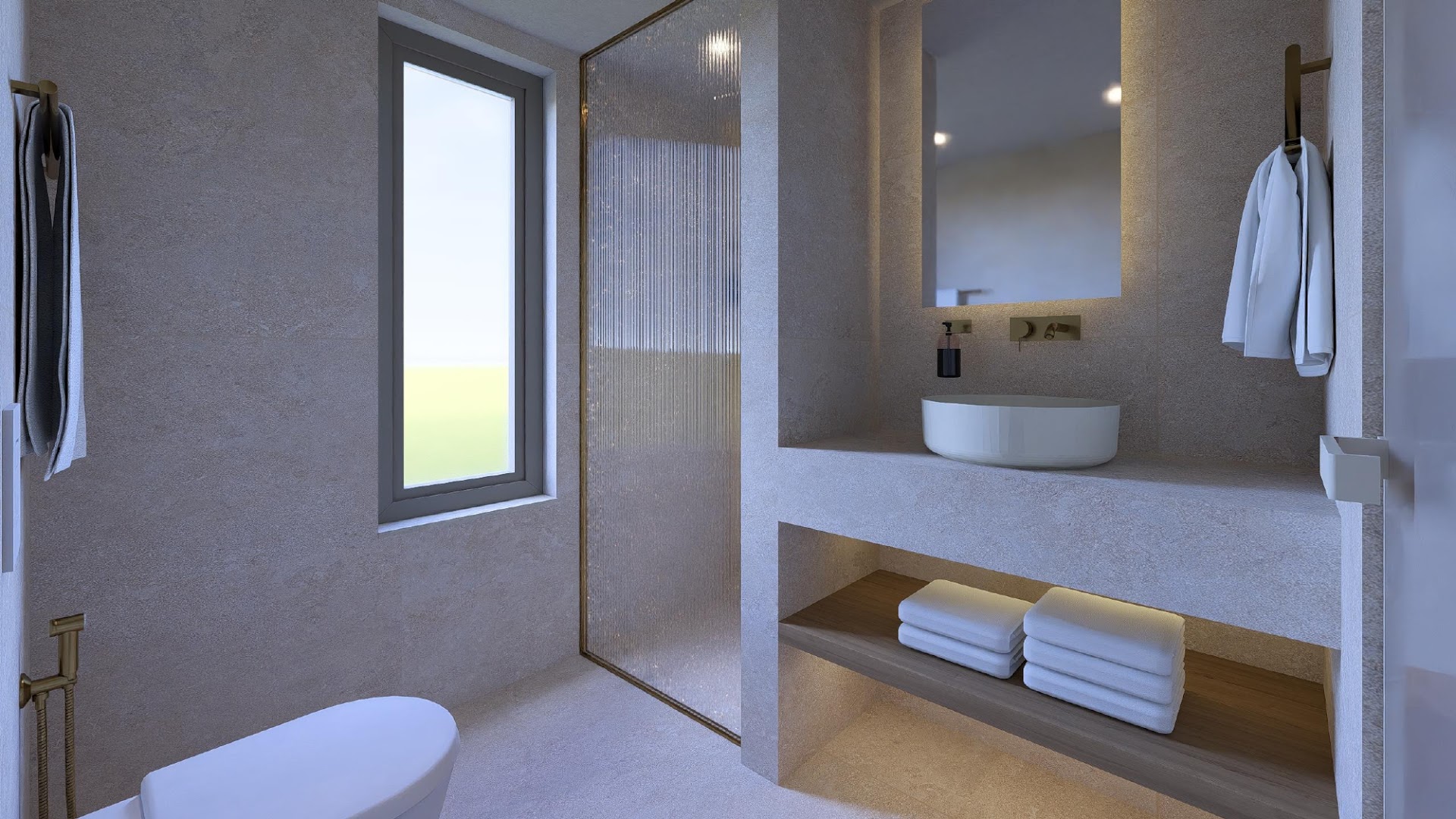 Alianthos Garden Hotel numura vannasistaba ar modernu dizainu, akmens apdari, dušu un minimālistisku izlietni