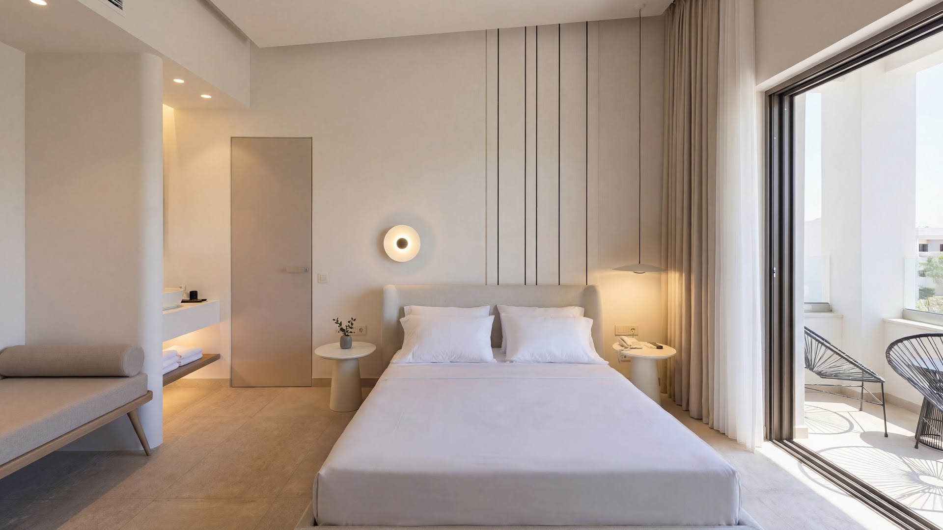 Alianthos Estate Resort minimālisma stila numurs ar balkonu — gaiši toņi, moderna gulta un atpūtas krēsls