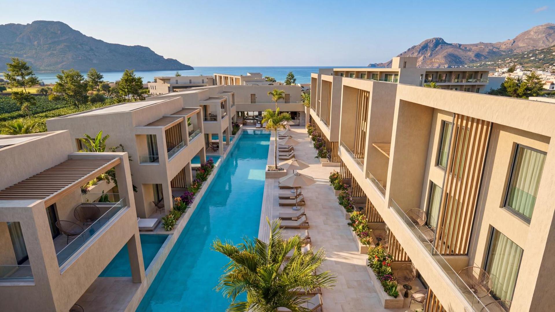 Alianthos Garden Hotel kopskats no augšas uz garo peldbaseinu, viesnīcas korpusiem un kalniem piekrastē Plakias ciemā