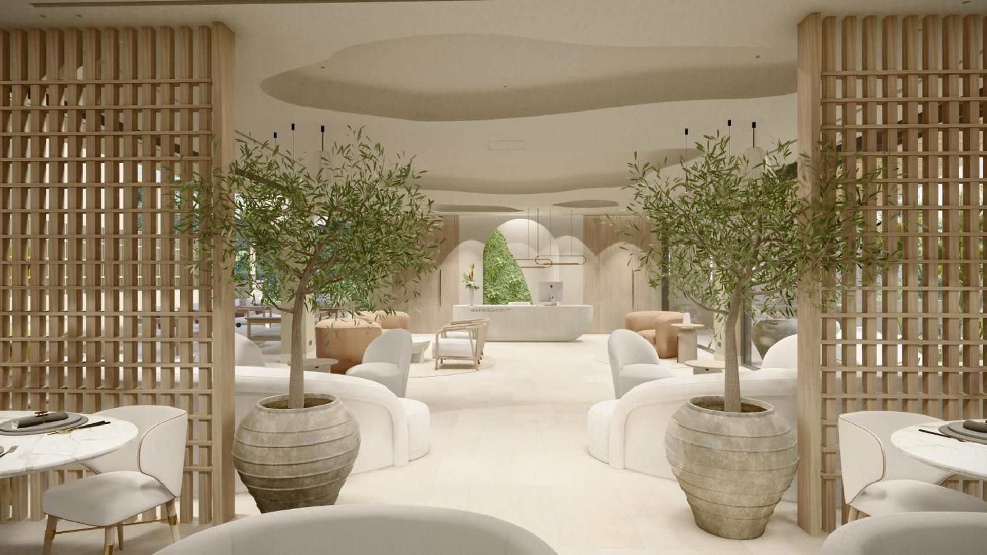 Alianthos Garden Hotel modernā un gaišā vestibila zona Plakiasā, Krētā — minimālisma stila interjers ar olīvkokiem podos un ērtiem atpūtas krēsliem