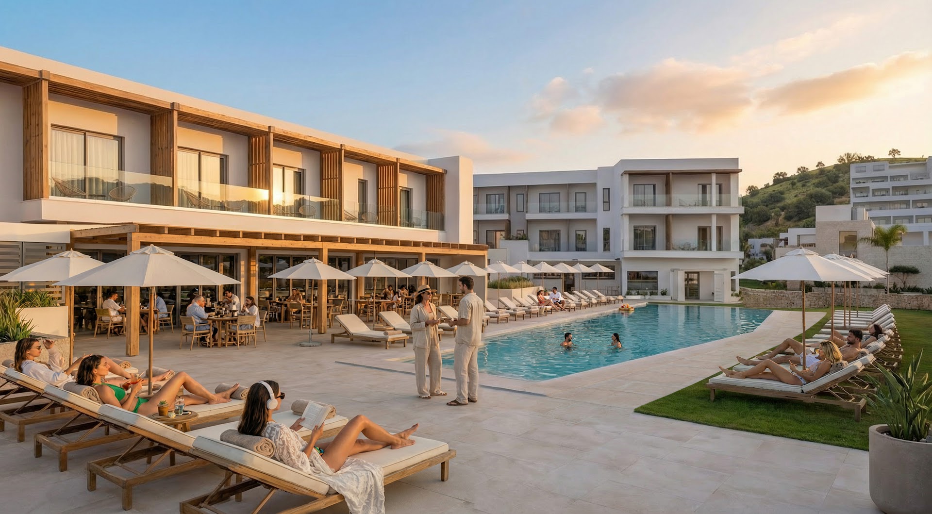 Viesi atpūšas pie Alianthos Garden Hotel baseina saulrieta laikā — āra restorāns, saulessargi un kalnu ainava fonā