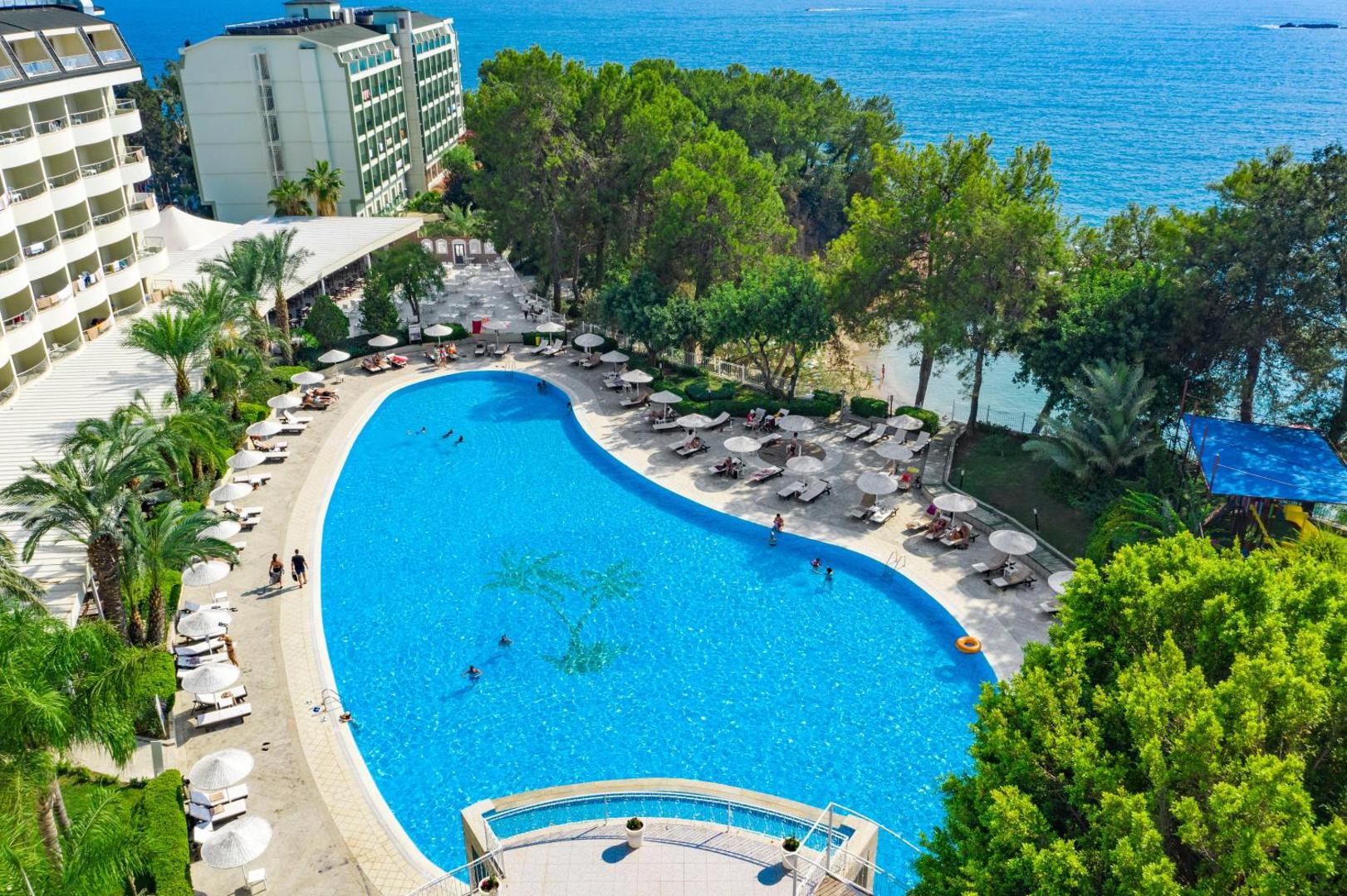 Utopia Beach Club lielais āra baseins no putna lidojuma Alānijā, Turcijā — apkārt sauļošanās krēsli, palmas un skats uz Vidusjūru