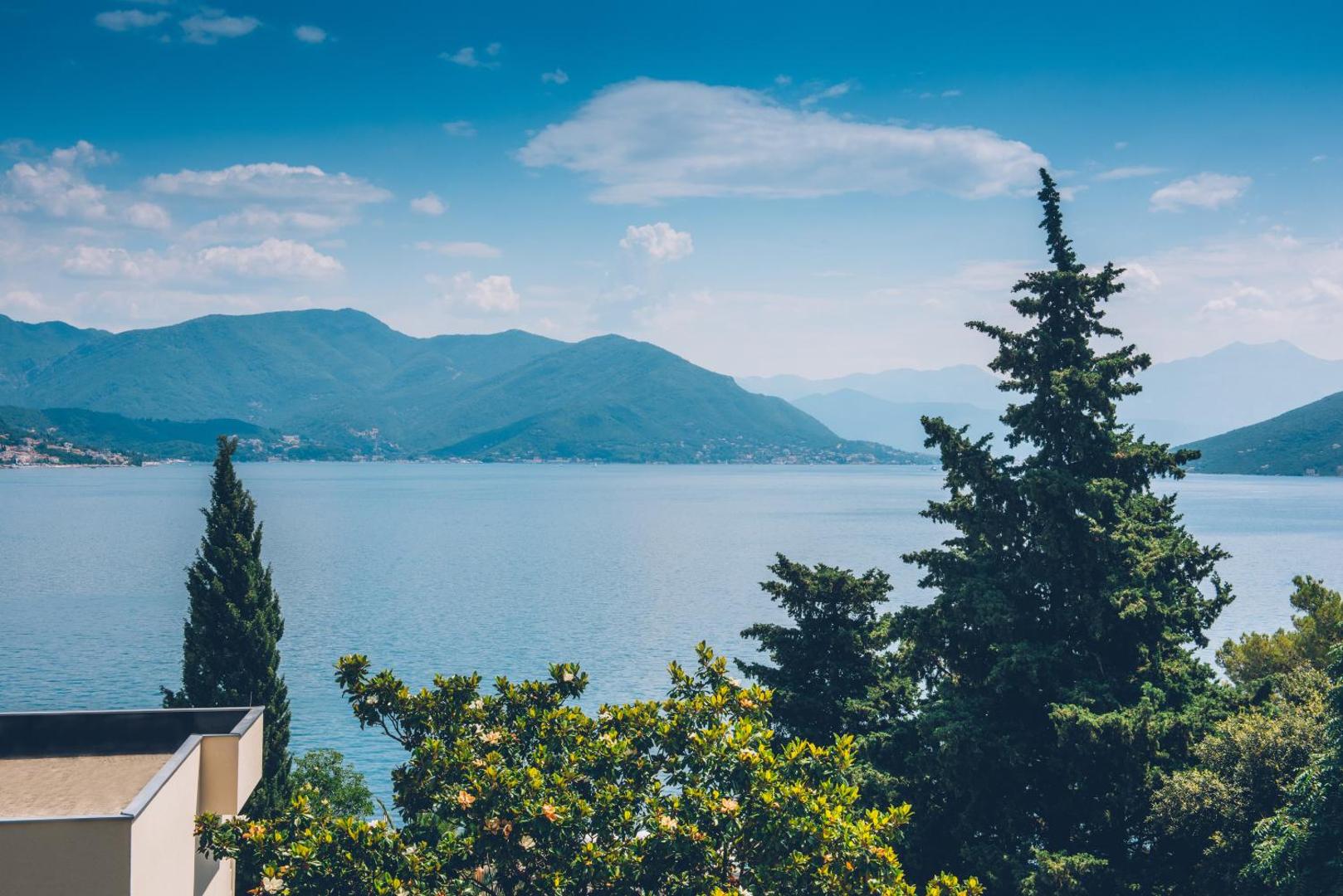 Skats no Iberostar Herceg Novi viesnīcas teritorijas uz Kotoras līci caur zaļojošiem kokiem un kalnu grēdām fonā