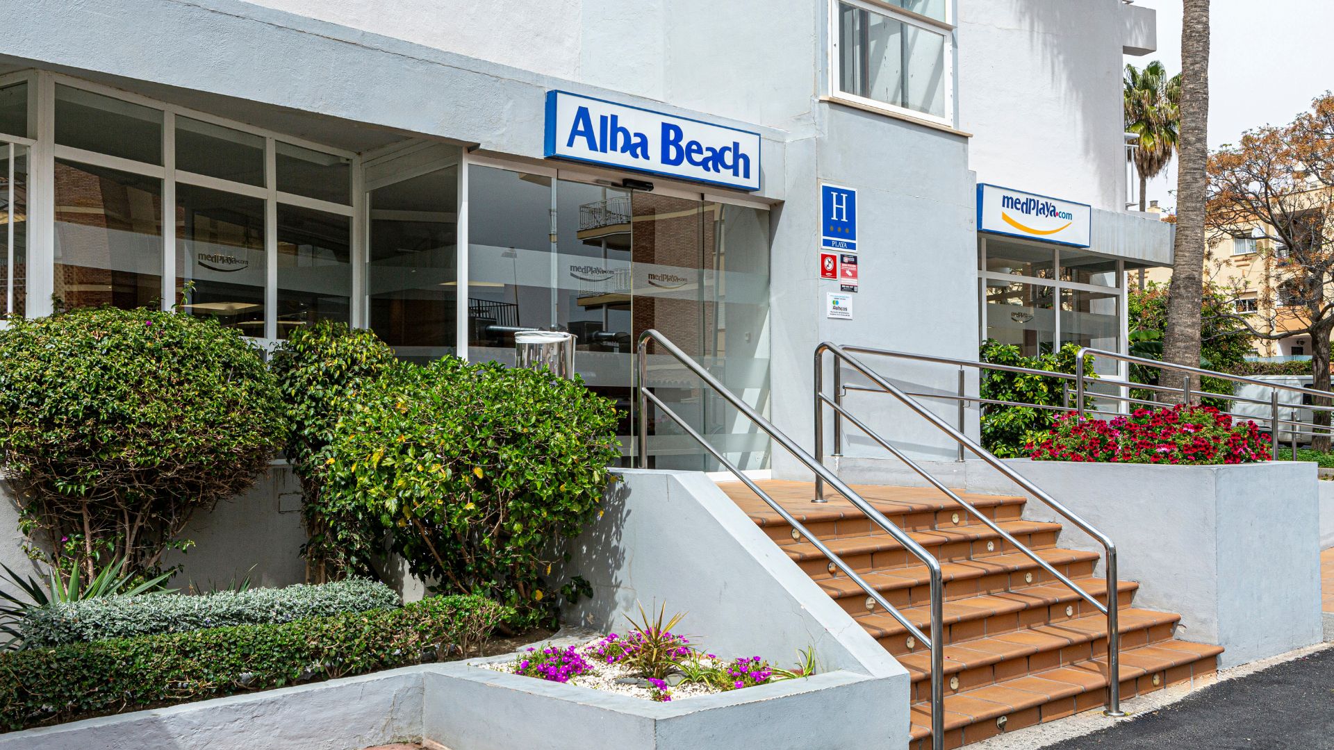 Tuvplāns MedPlaya Hotel Alba Beach ieejai ar viesnīcas nosaukumu un dekoratīviem apstādījumiem