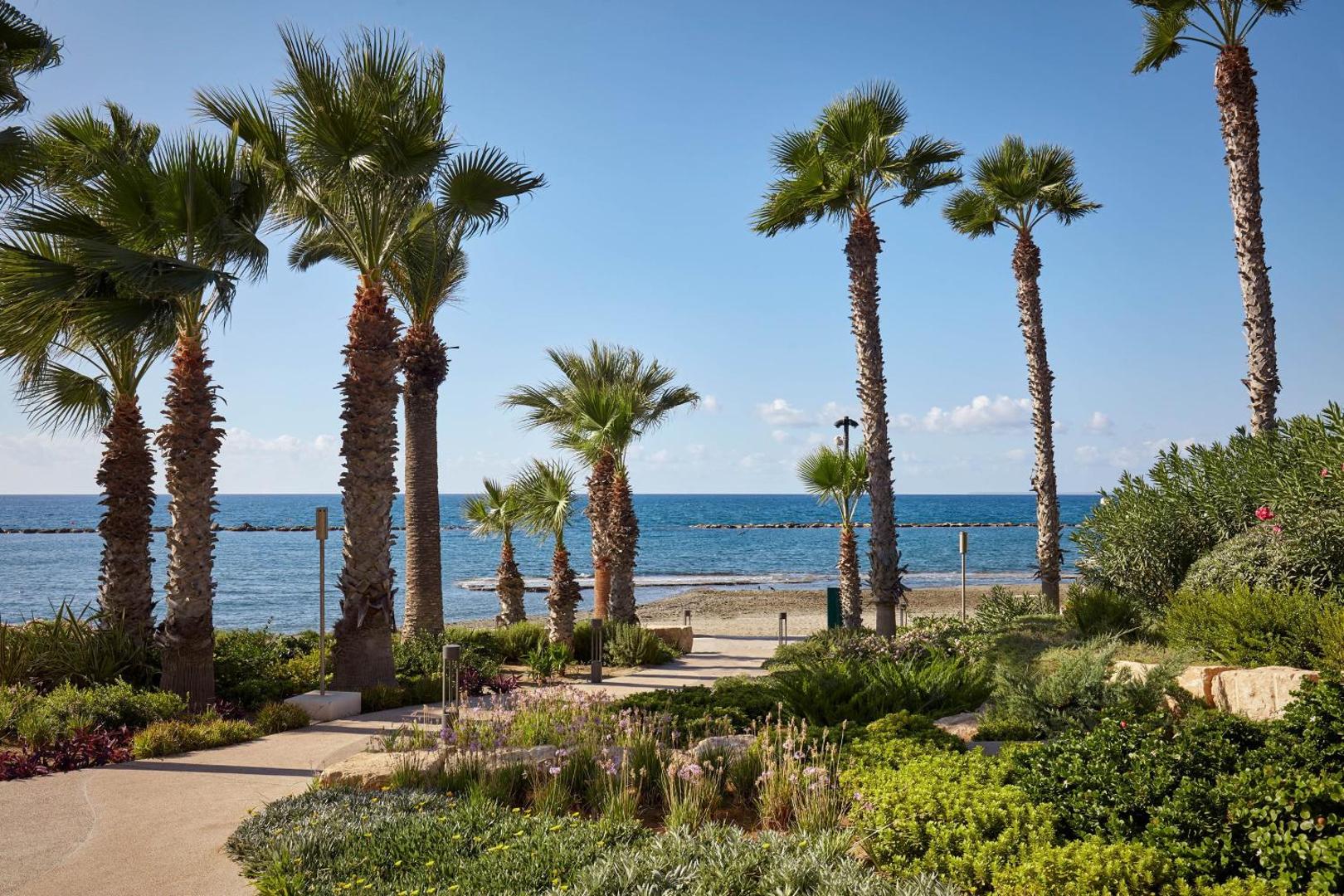 Parklane, A Luxury Collection Resort & Spa dārzs ar palmām un skatu uz Vidusjūru Limasolā — labiekārtota teritorija pie pludmales