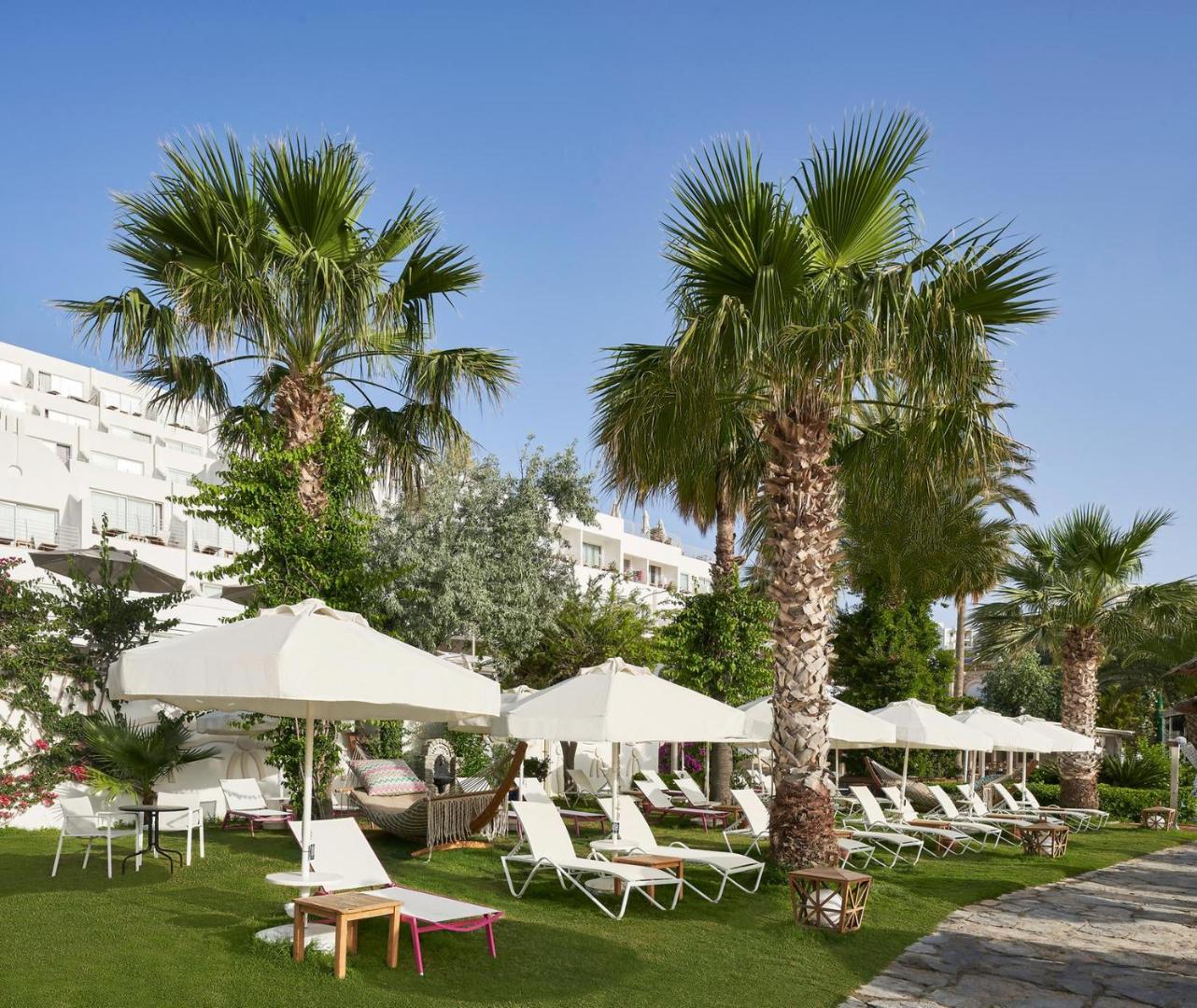 Prive Hotel Bodrum atpūtas zona dārzā ar zviļņiem, saulessargiem un palmām pie baltas viesnīcas ēkas Turcijas piekrastē