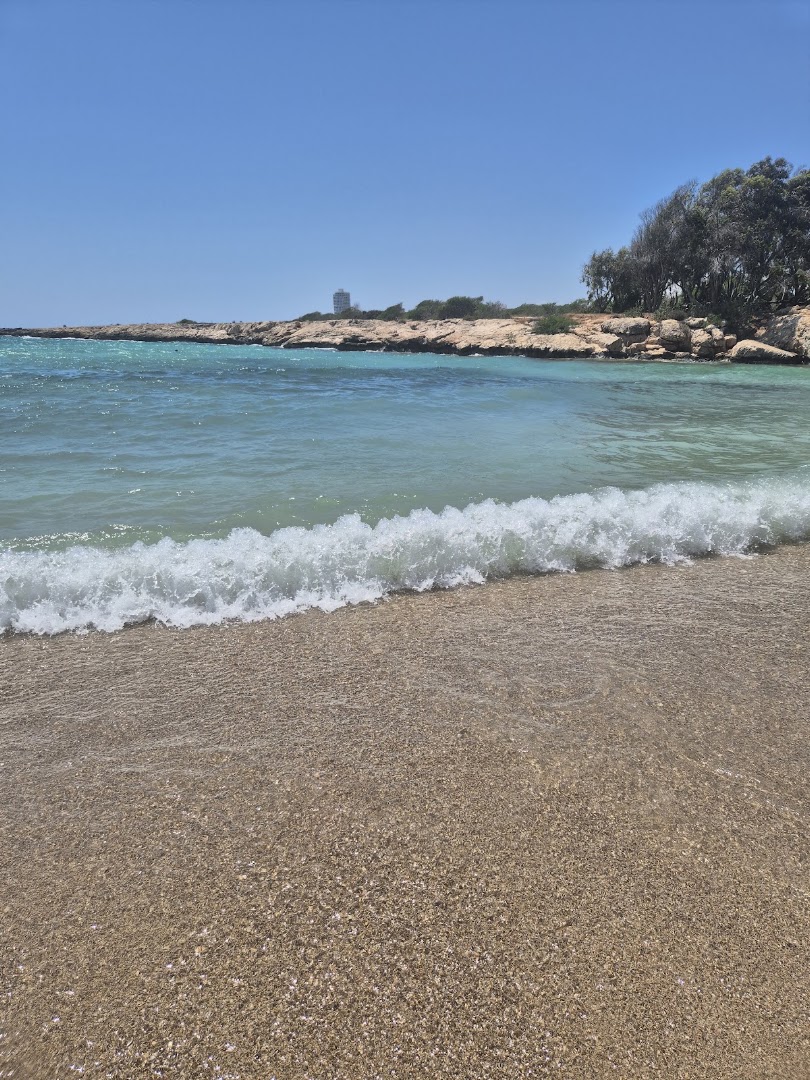 Adams Beach viesnīcas pludmales krasts ar gaišām smiltīm un tirkīzziliem viļņiem Aijanapā, Kiprā — skats uz akmeņaino piekrasti