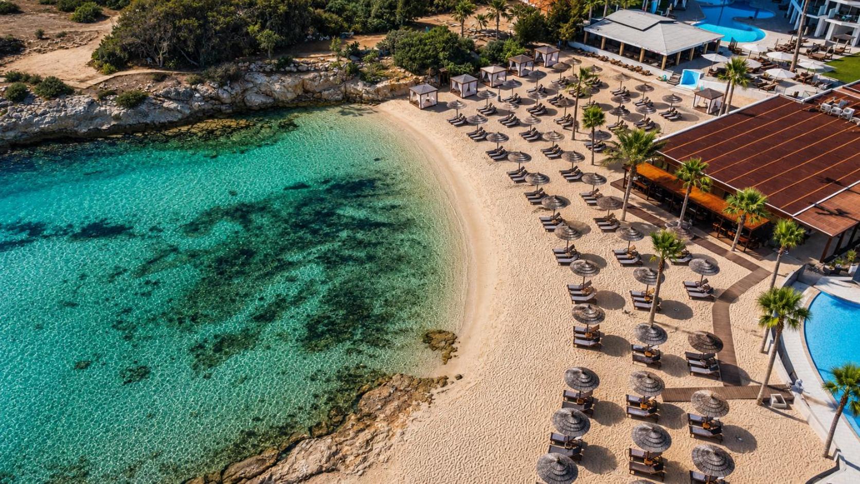Adams Beach viesnīcas privātā pludmale no putna lidojuma Aijanapā — tirkīza ūdens līcis, saulessargi, sauļošanās krēsli un viesnīcas teritorija