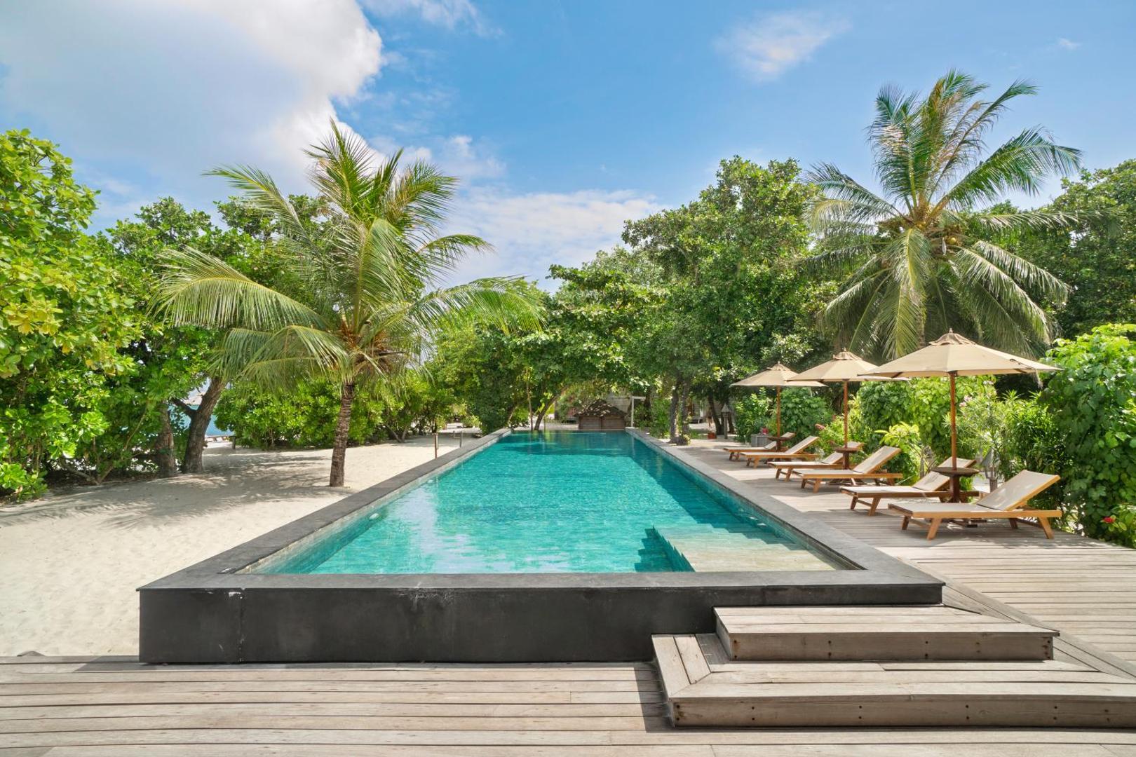 The Barefoot Eco Hotel garais āra baseins ar koka terasi, sauļošanās krēsliem un saulessargiem tropu dārzā Maldīvu salās.