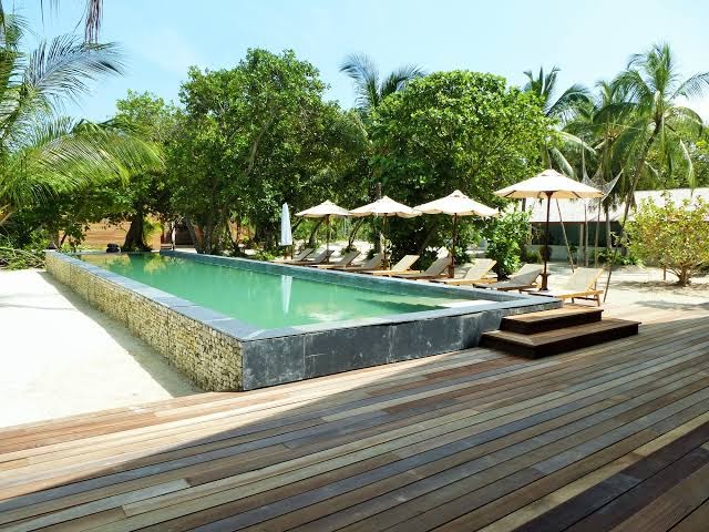 The Barefoot Eco Hotel baseins ar akmens apdari un koka klāju, ko ieskauj blīva tropu veģetācija.