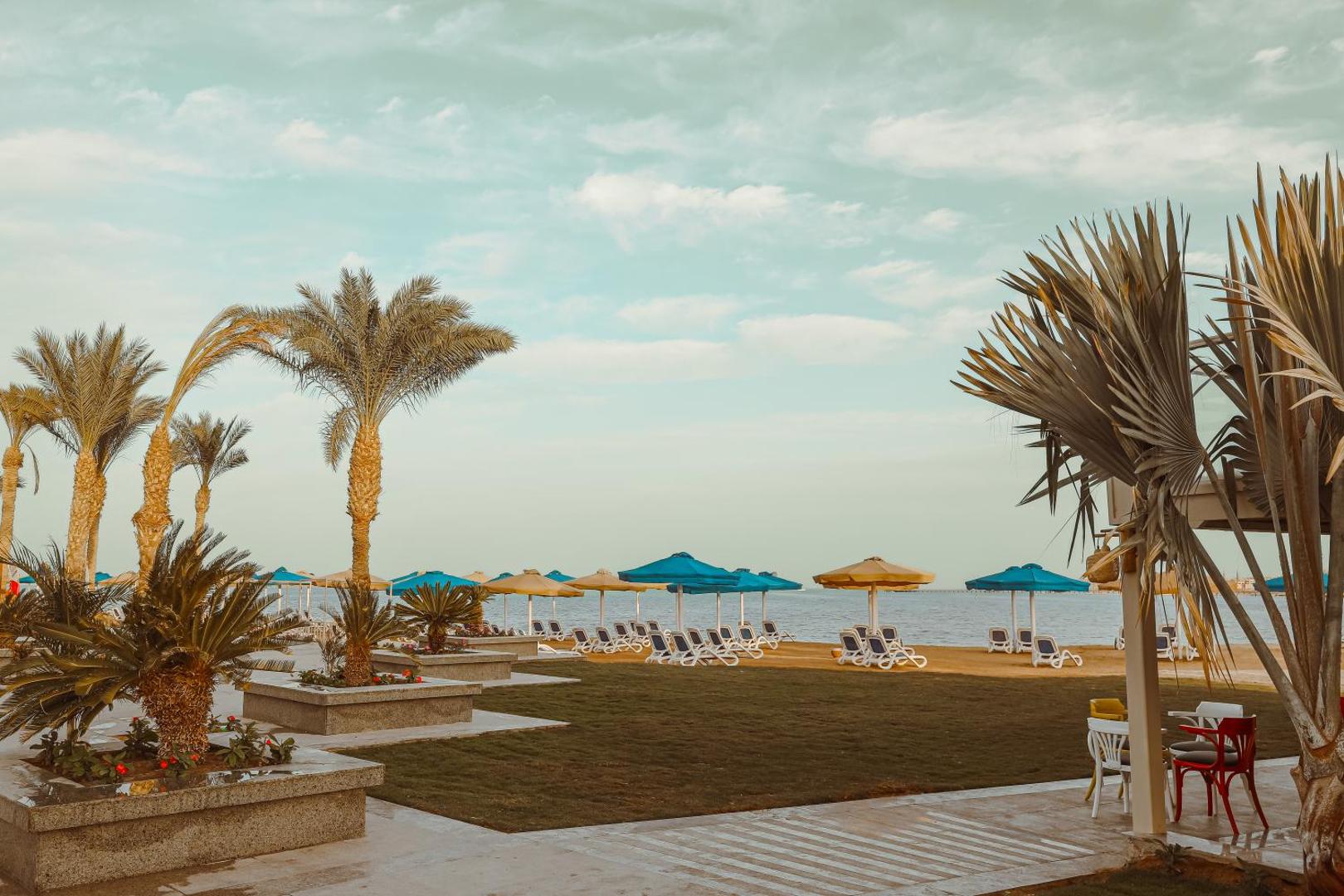 Bellagio Beach Resort & Spa labiekārtota teritorija ar palmām un skatu uz pludmali un Sarkano jūru Hurgadas kūrortā