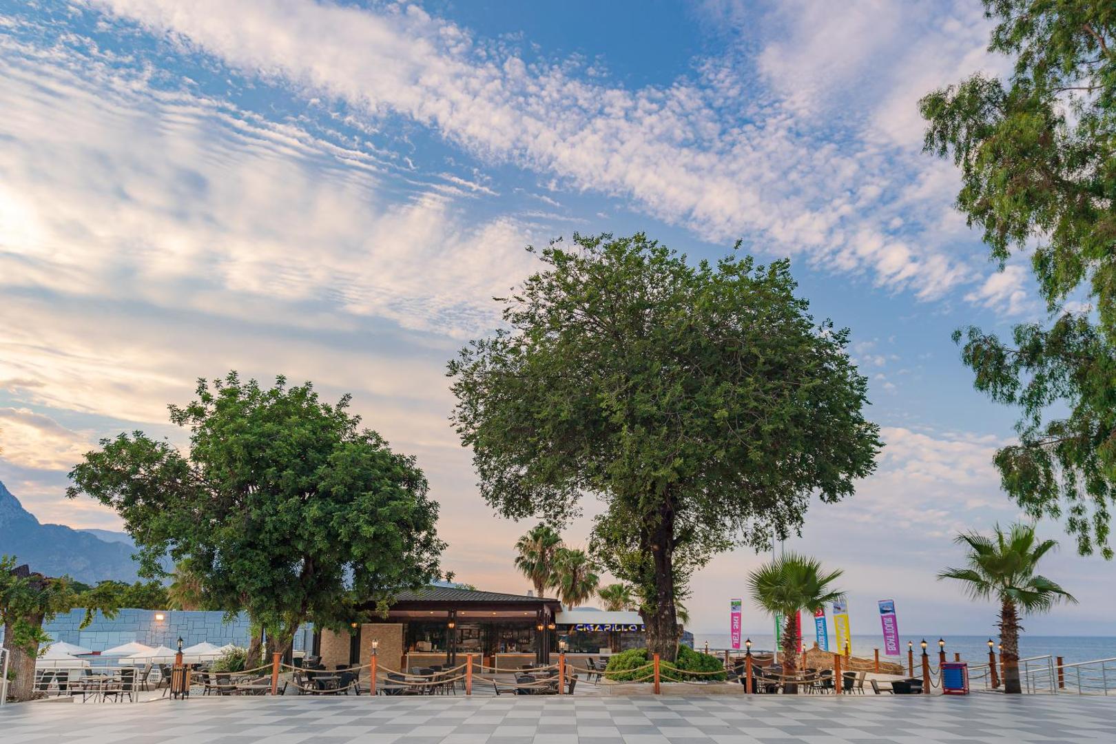 Sealife Kemer Resort āra terase ar koka nožogojumu, lieliem kokiem un skatu uz jūru saulrieta laikā