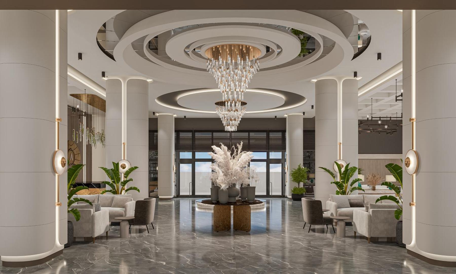 Annabella Diamond Hotel modernais lobby vestibils ar greznām lustrām, marmora grīdu un ērtām atpūtas zonām