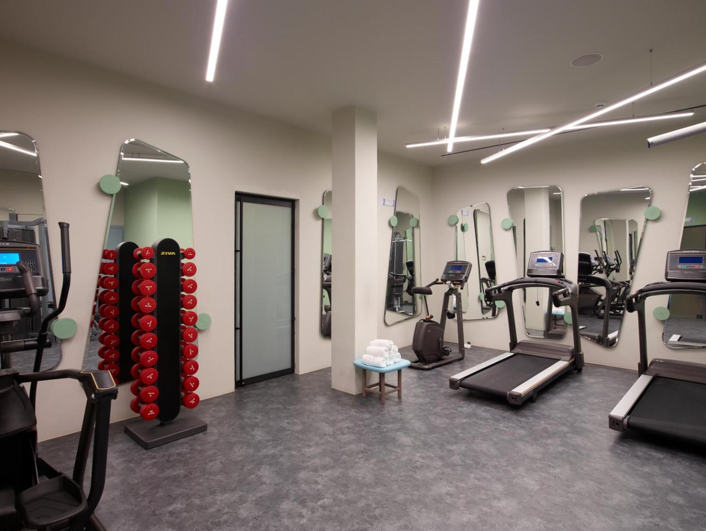 Cayo Exclusive Resort and Spa fitness centrs ar moderniem skrejceliņiem, svariem un lieliem spoguļiem gaišā, mūsdienīgā telpā Krētā