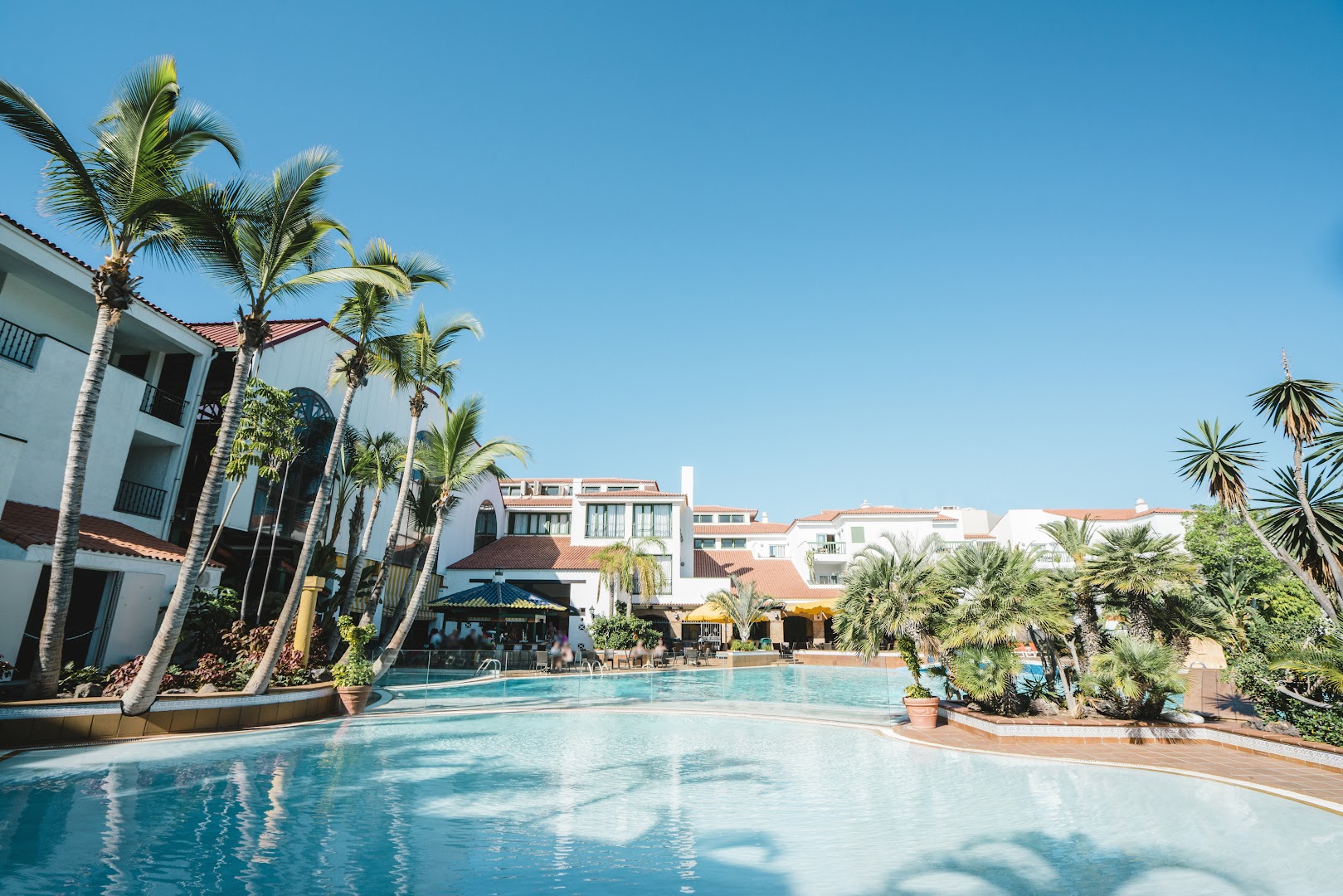 Park Club Europe plašais āra baseins Tenerifē, ko ieskauj palmas un balti viesnīcas korpusi skaidrās debesīs