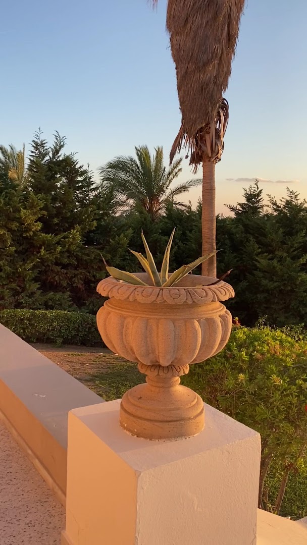 Grecotel Mandola Rosa dārza terase ar dekoratīvu akmens vāzi un palmām saulrieta gaismā Peloponēsas piekrastē