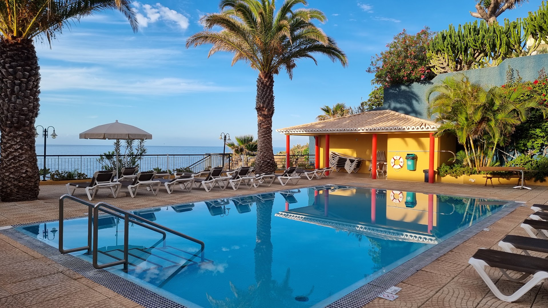 Rocamar Lido Resort āra baseins ar palmu un dzeltenu bāru fonā Madeiras piekrastē saulainā dienā