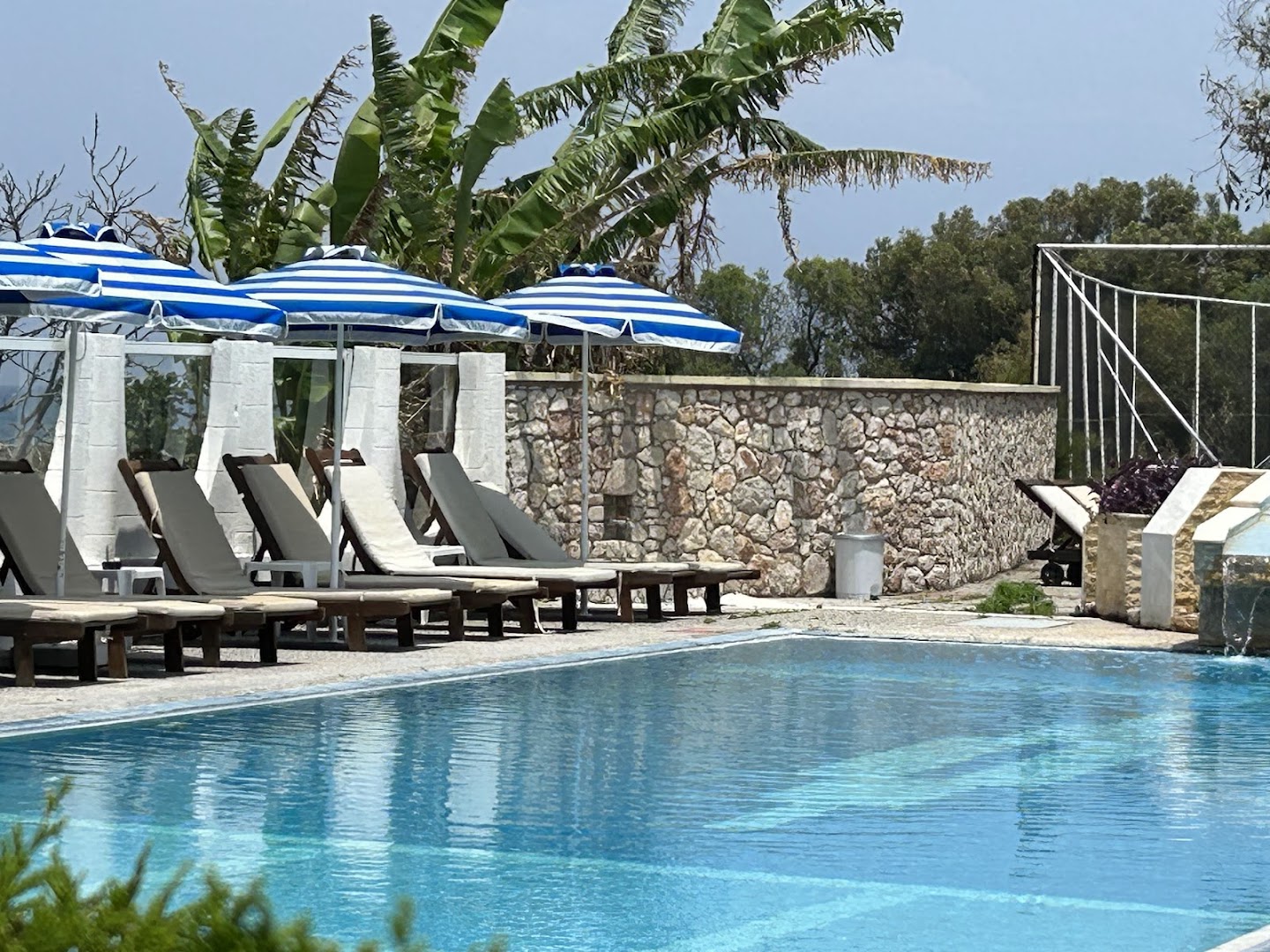 Nirvana Beach Hotel atpūtas zona pie baseina ar koka sauļošanās krēsliem, svītrainiem saulessargiem un eksotiskiem augiem pie akmens sienas