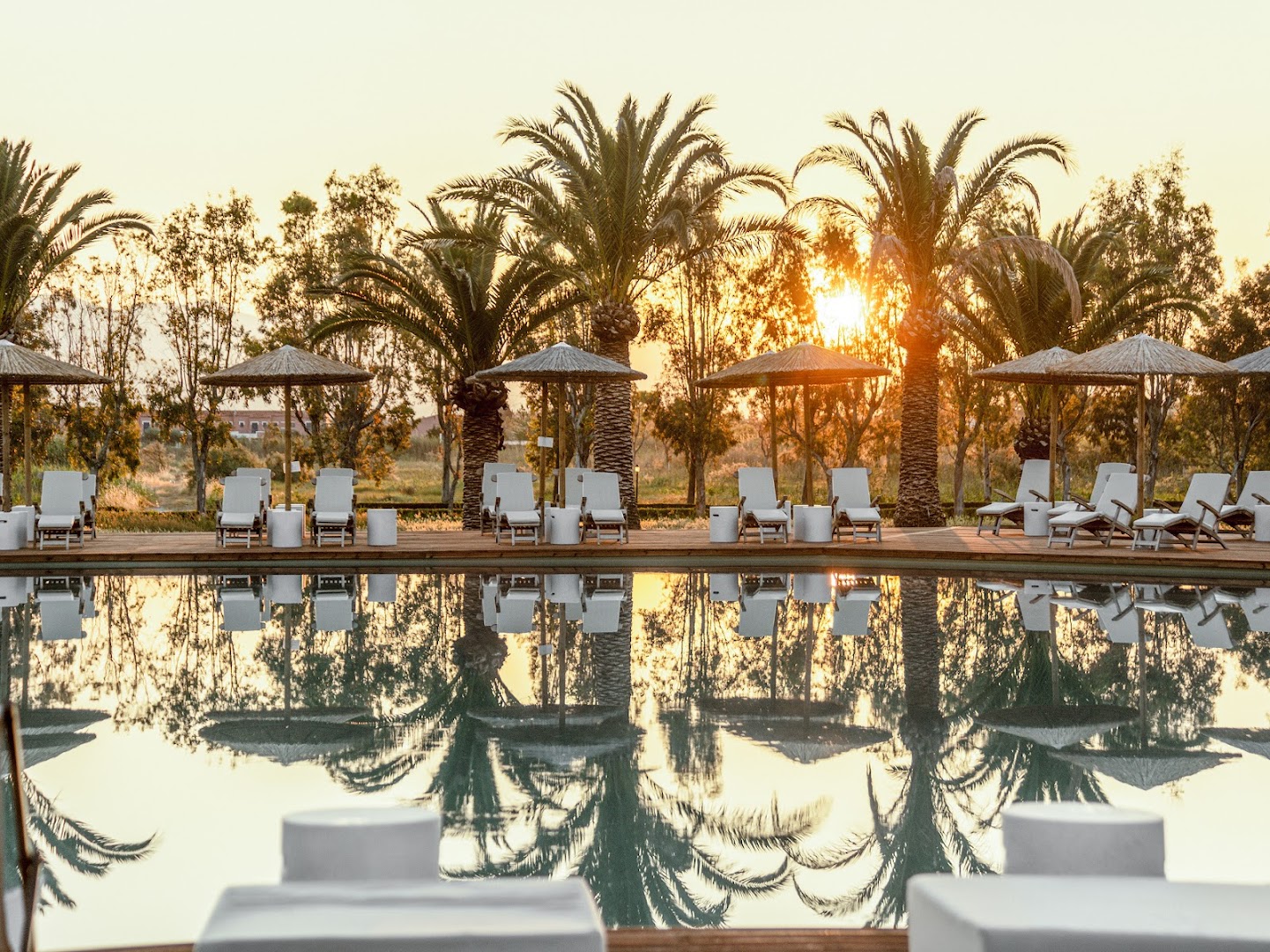 Grecotel Costa Botanica baseina zona ar sauļošanās krēsliem, saulessargiem un palmu atspulgu ūdenī saulrieta laikā.