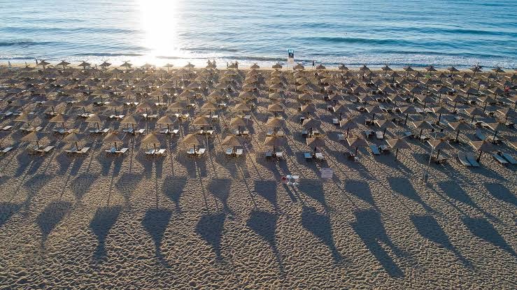 Grifid Hotel Arabella plašā smilšu pludmale Zelta smiltīs ar daudziem saulessargiem un guļamkrēsliem pie zilās jūras saullēkta laikā