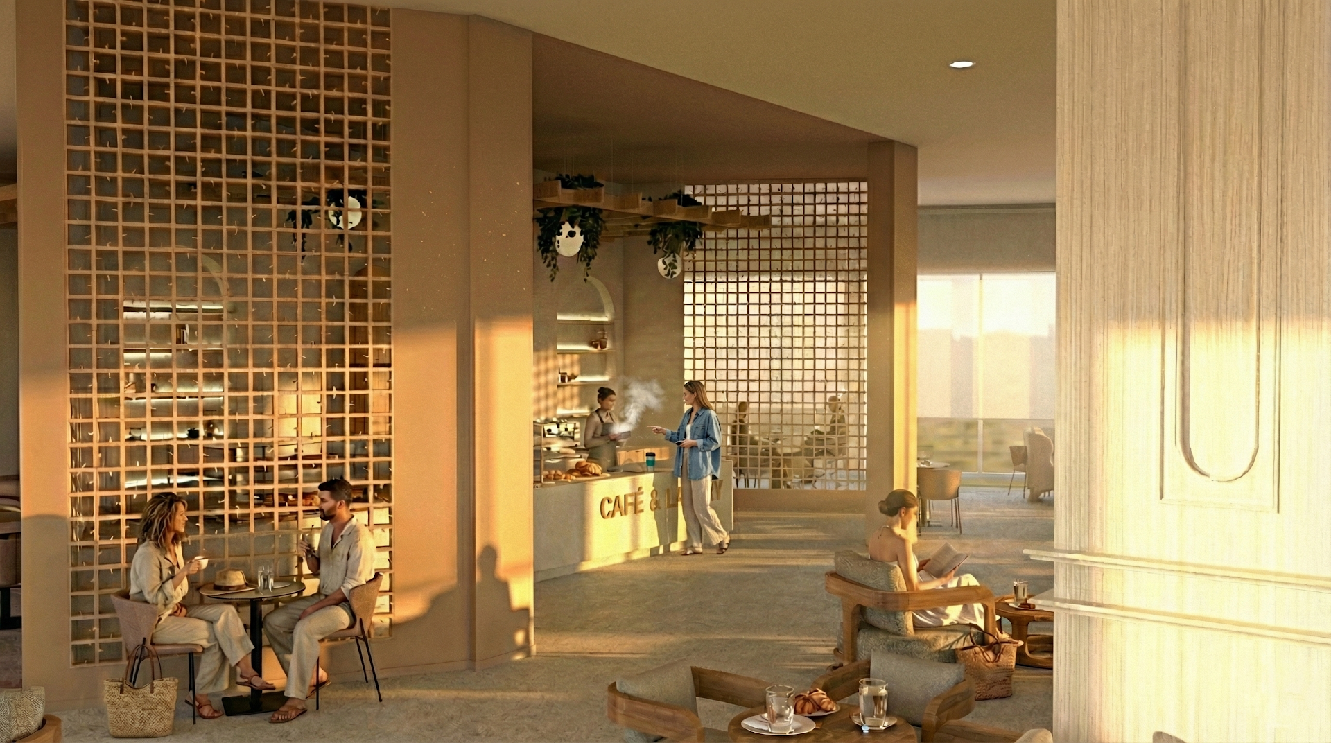 Grifid Hotel Arabella modernais lobby bārs un kafejnīca ar siltu apgaismojumu, koka elementiem un ērtām atpūtas zonām viesiem