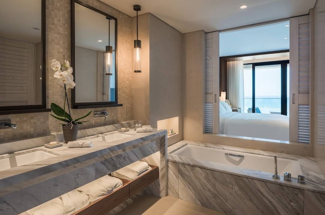 Amara Hotel luksusa numura vannas istaba ar marmora apdari, divām izlietnēm, vannu un skatu uz guļamistabu un jūru