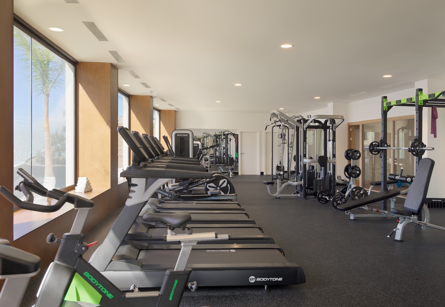 Mūsdienīgs fitness centrs viesnīcā H10 Atlantic Sunset Horizons Collection ar skrejceļiem un lieliem logiem uz palmu dārzu