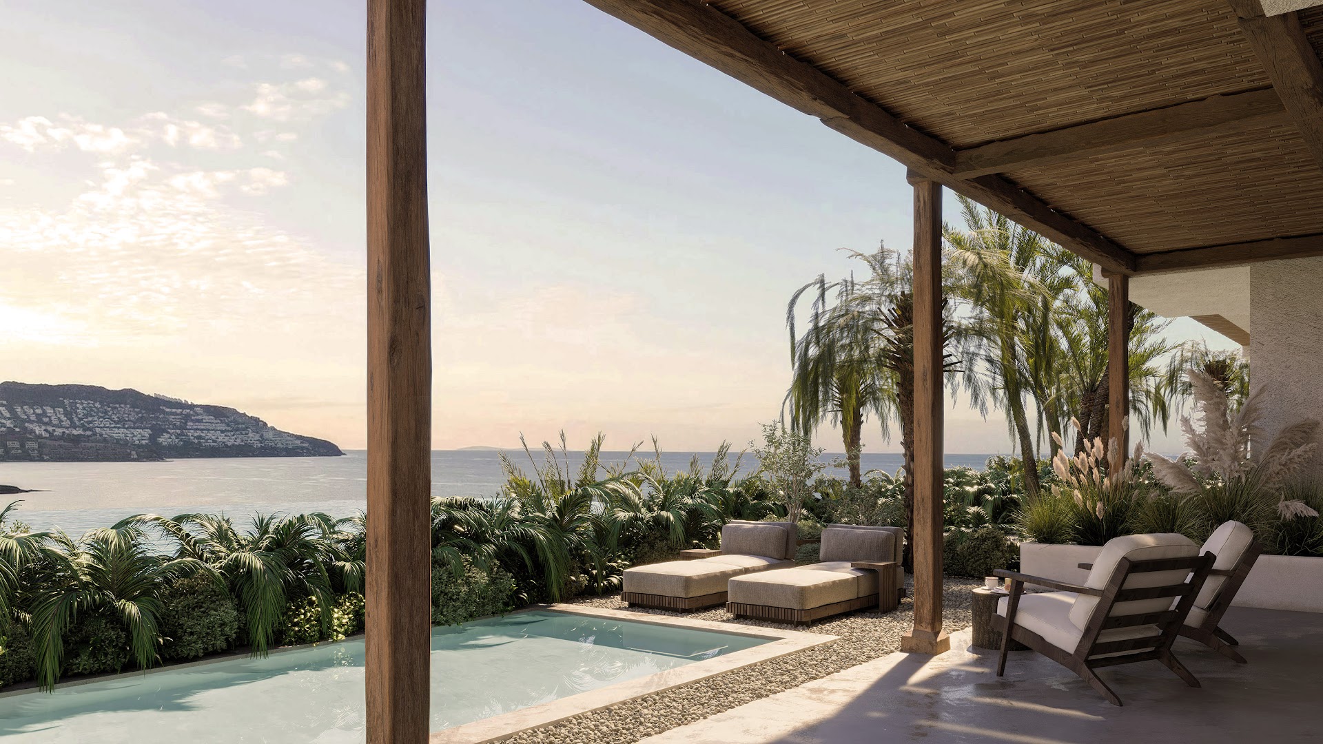 OKU Bodrum luksusa numura āra atpūtas zona ar sauļošanās krēsliem pie baseina un skatu uz piekrastes kalniem