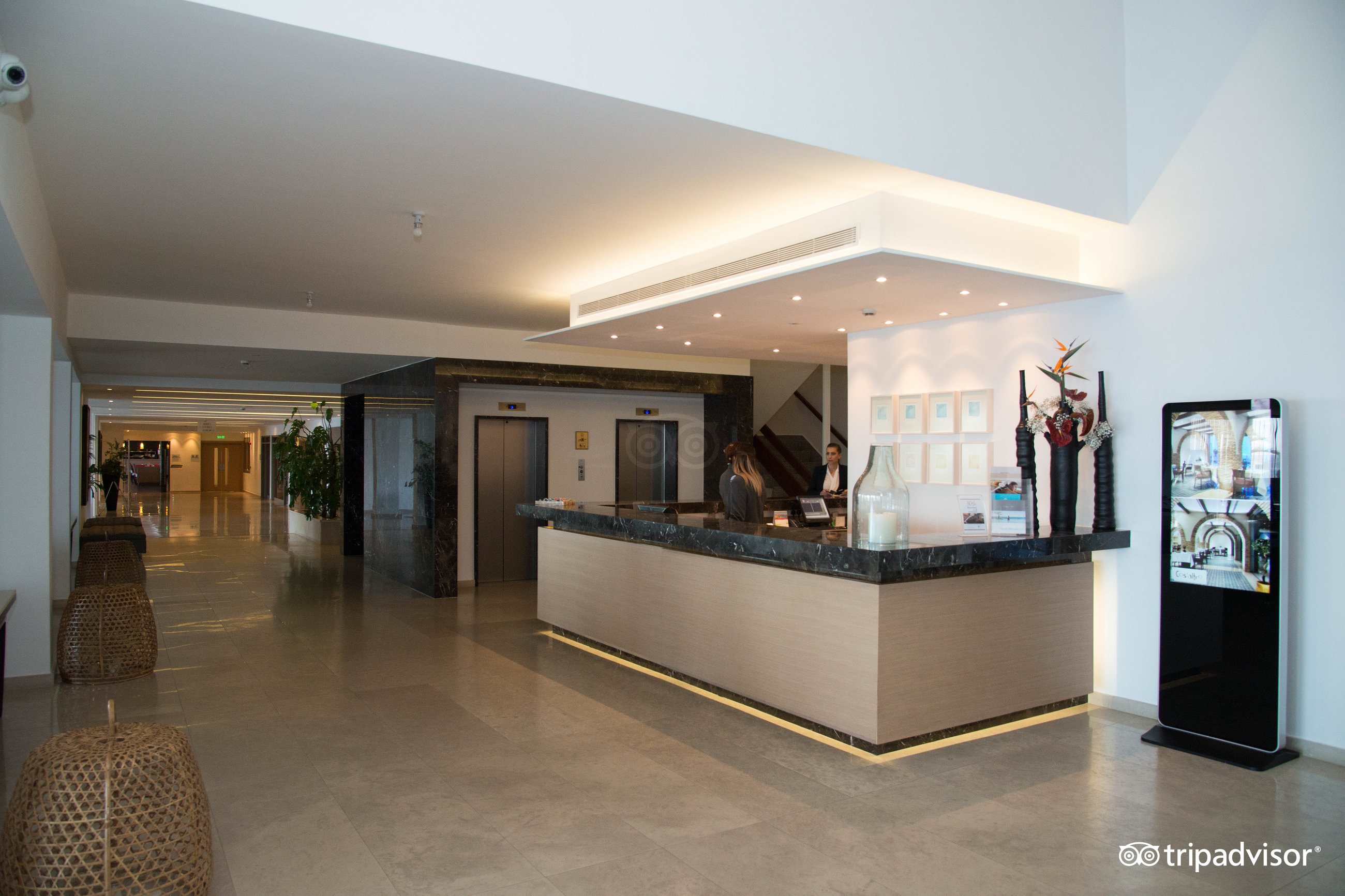 The Royal Apollonia viesnīcas modernā recepcijas zona ar marmora apdari, gaišu interjeru un viesmīlīgu personālu Limasolā, Kiprā