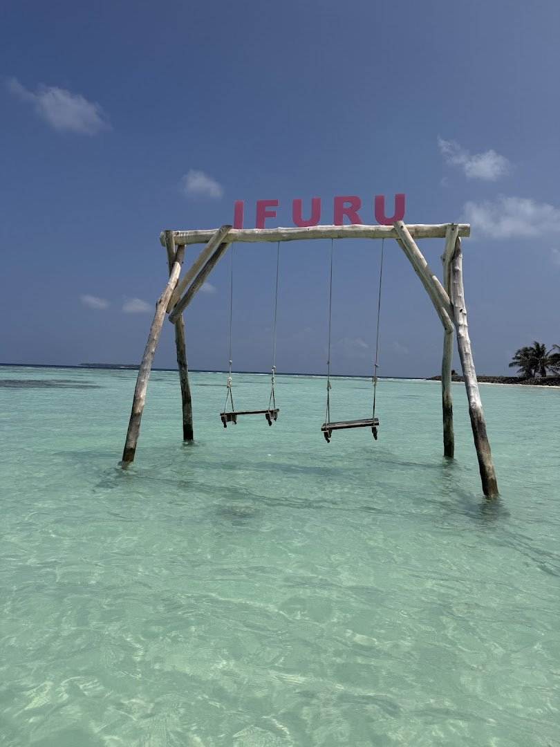 Koka šūpoles Ifuru Island Maldives seklajā okeāna piekrastē ar rozā uzrakstu Ifuru uz zilu debesu fona