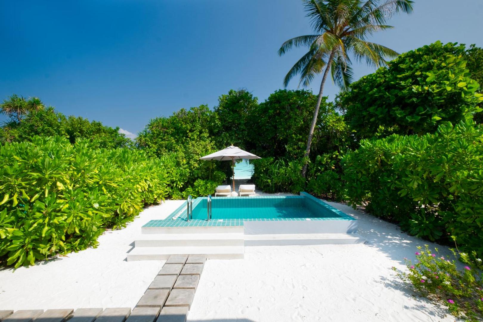 Ifuru Island Maldives privātais numura baseins ar saulessargu un atpūtas krēsliem, ko ieskauj blīvi tropu zaļumi
