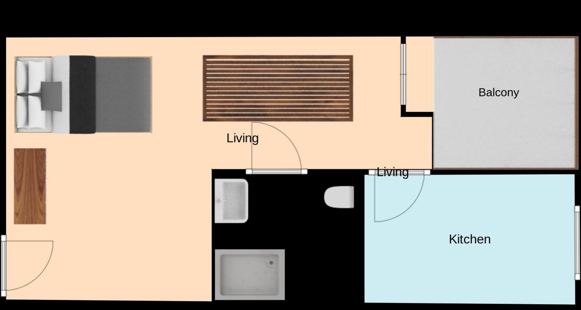 Vienas guļamistabas apartamentu plāns ar dzīvojamo zonu, virtuvi un balkonu.