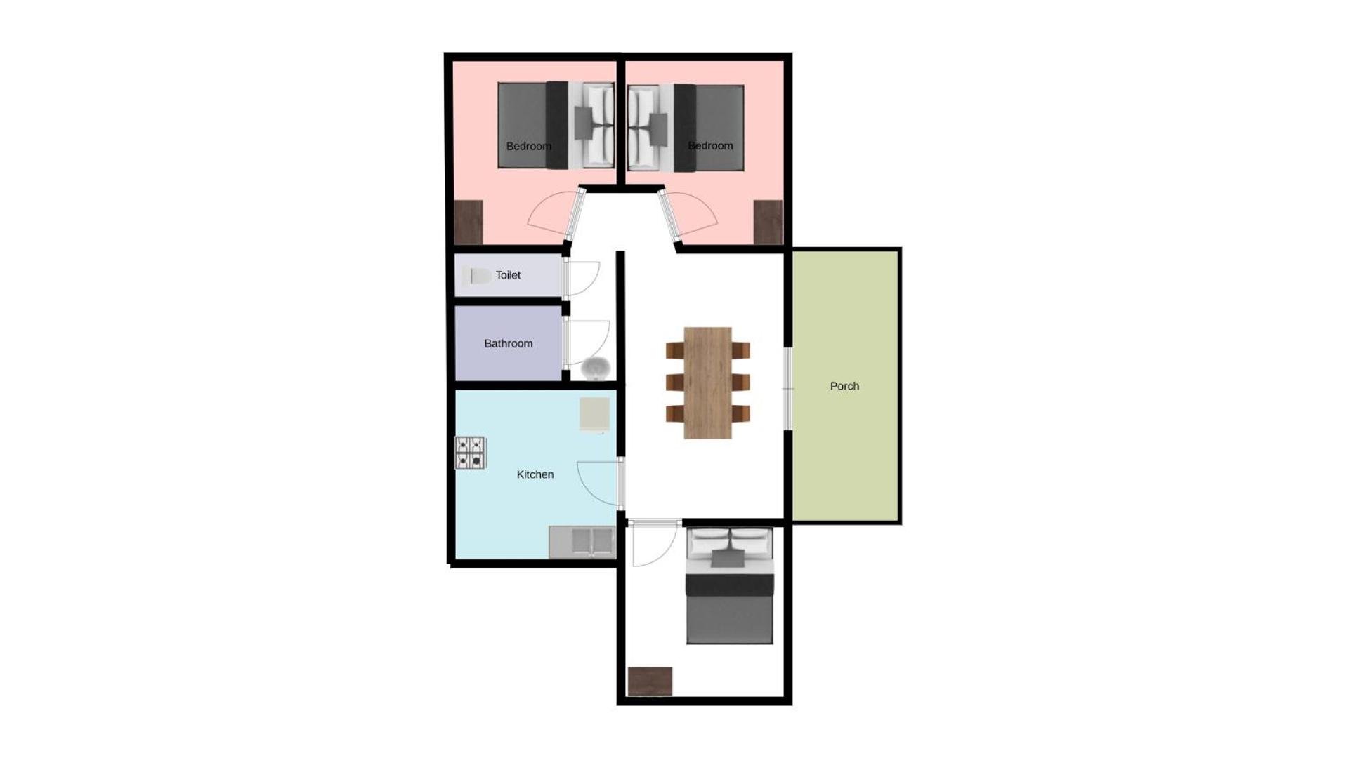 Viesnīcas apartamentu plānojums ar trim guļamistabām, virtuvi un terasi.