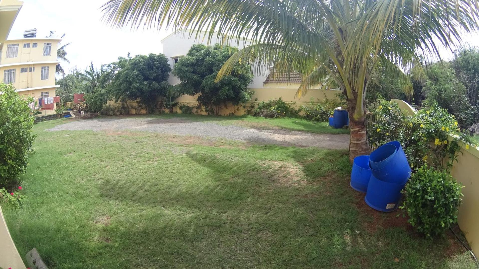 Plašs zāliens viesnīcas Allamanda pagalmā ar palmu un apkārtējiem kokiem.