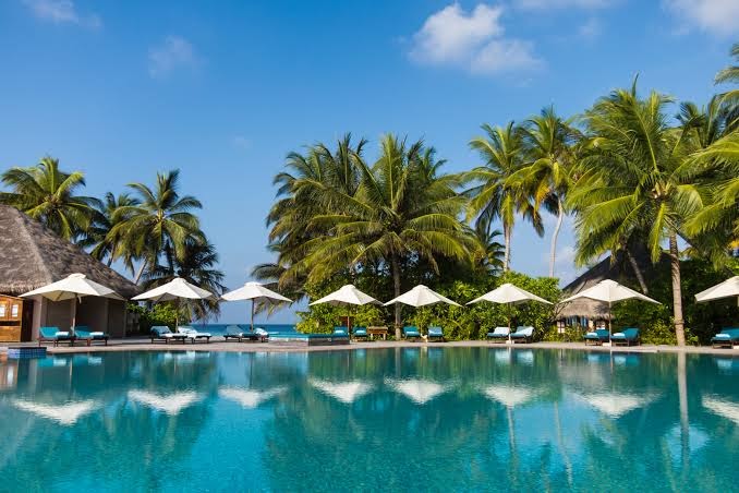 Veligandu Maldives Resort Island galvenais āra baseins saulainā dienā ar palmām, saulessargiem un atpūtas krēsliem pie zila ūdens