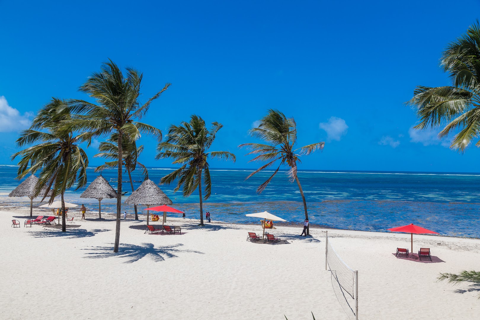 PrideInn Paradise Beach Resort & Spa plašā baltu smilšu pludmale ar palmām, saulessargiem un volejbola tīklu pie Indijas okeāna