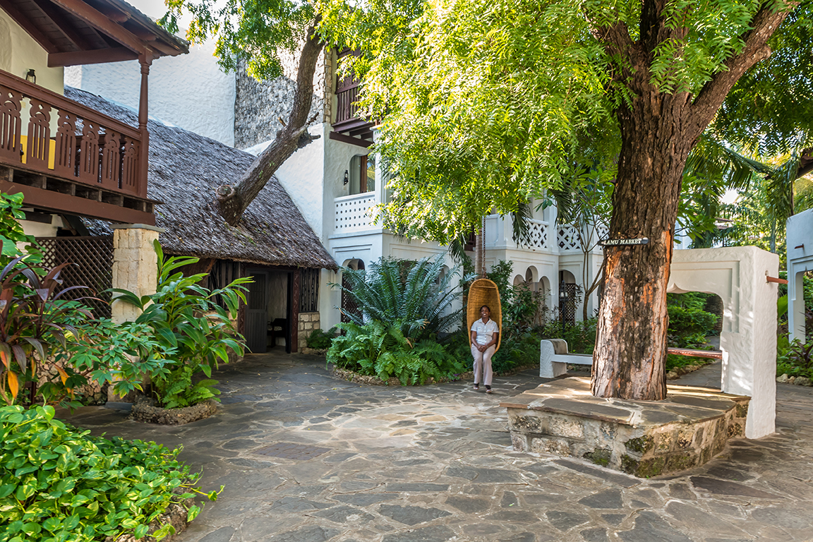 Serena Beach Resort & Spa atpūtas zona dārzā ar iekaramo krēslu zem liela koka un akmens bruģi