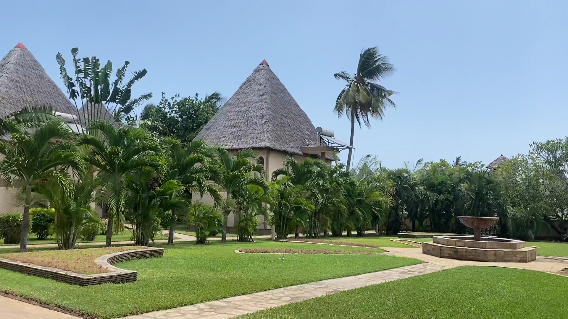 Neptune Palm Beach Boutique Resort & Spa labiekārtota teritorija ar koptu zālienu, strūklaku, palmām un gājēju celiņiem