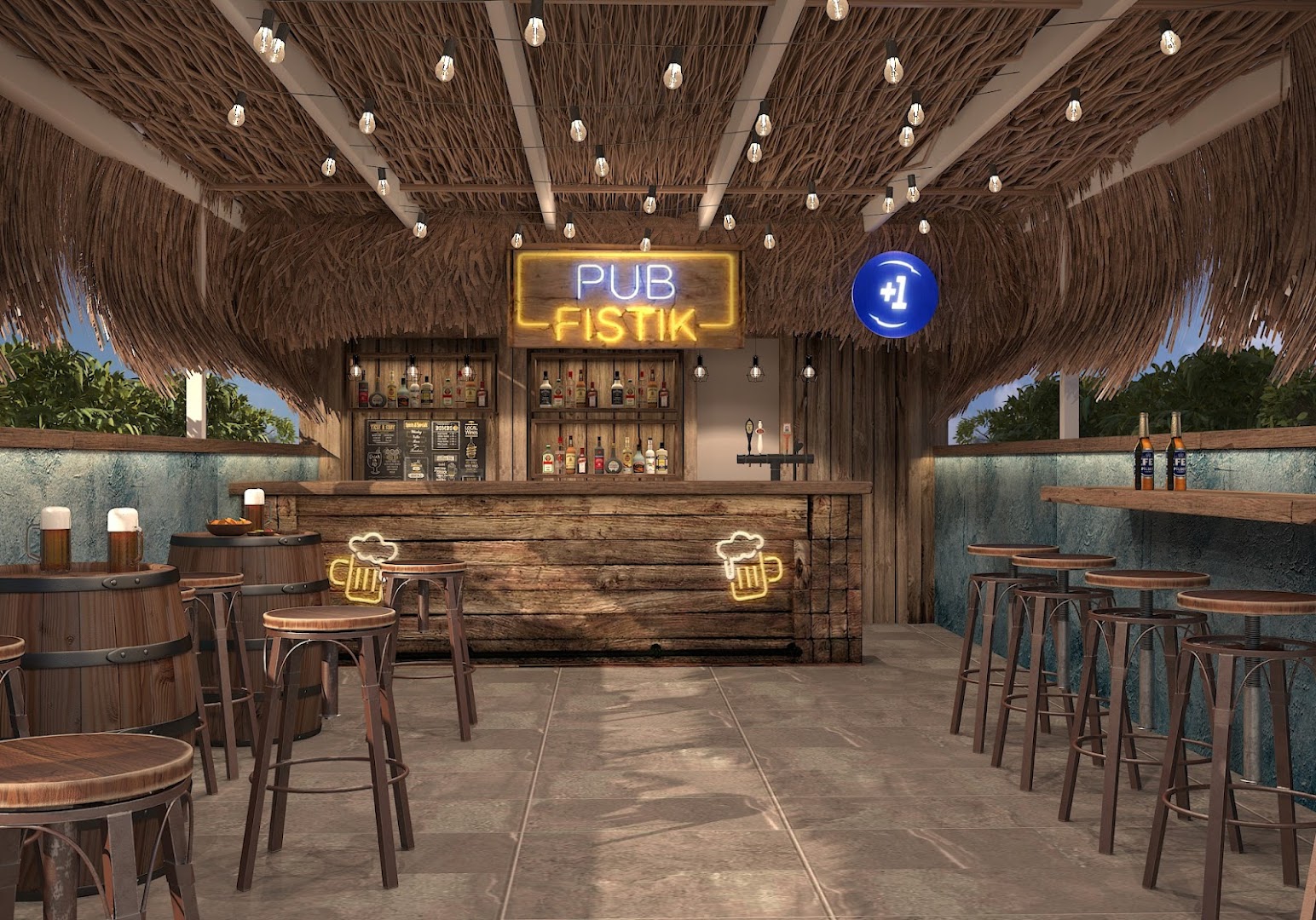 Baska Resort Bodrum koka stila bārs Pub Fistik ar neona izkārtnēm, mucām un augstajiem krēsliem zem salmu jumta