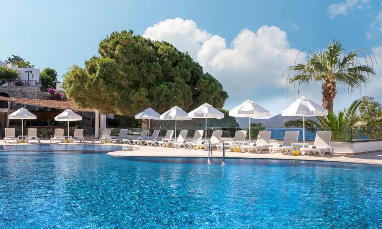 Baska Resort Bodrum baseina zona ar baltiem saulessargiem, palmām un skatu uz jūru saulainā dienā Bodrumā.