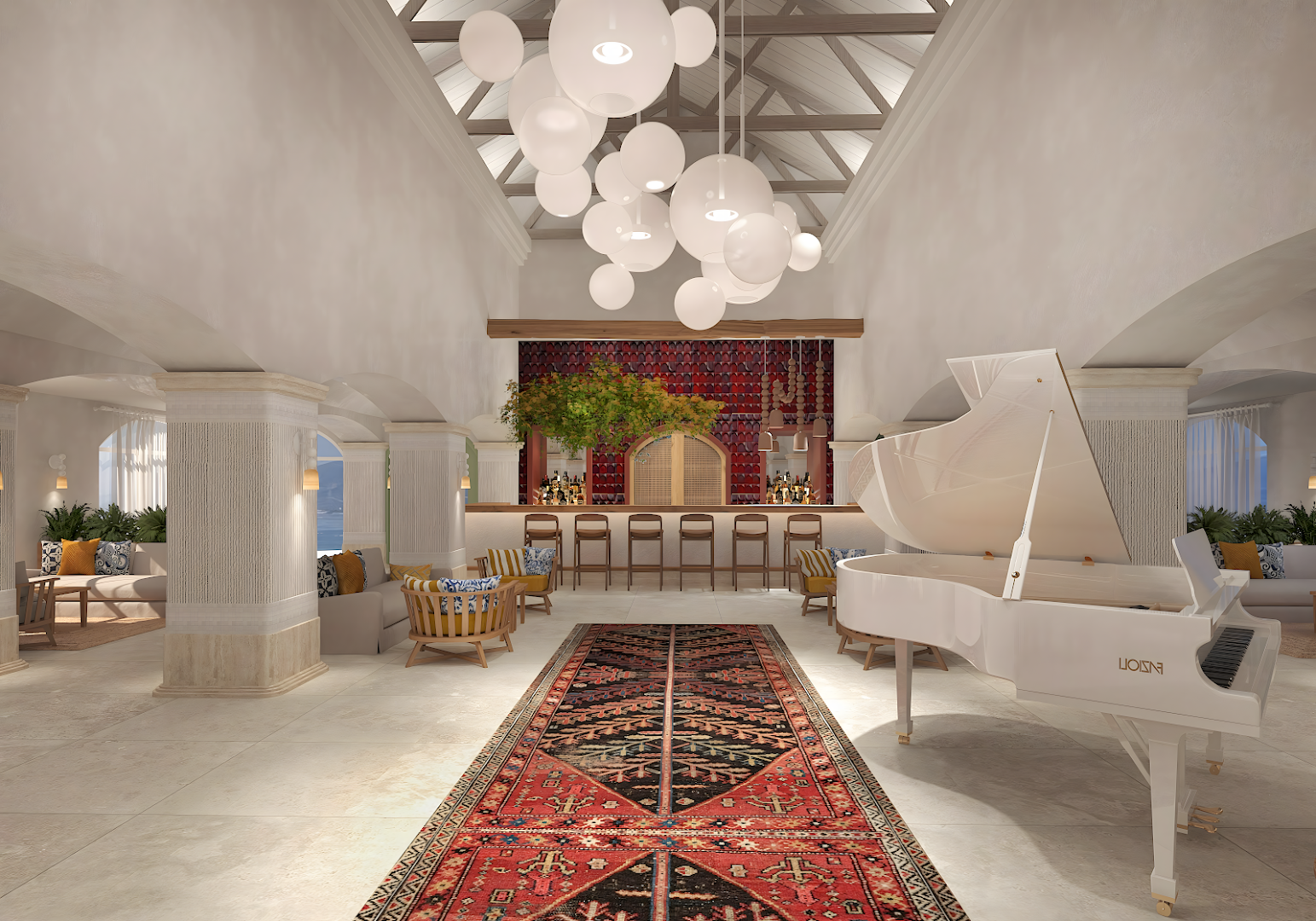 Baska Resort Bodrum viesnīcas vestibils ar baltu flīģeli, modernām lodveida lampām, austrumu stila paklāju un bāra zonu fonā