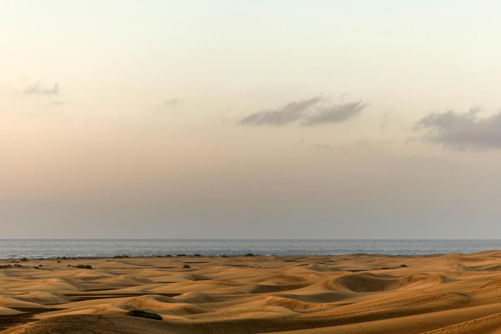 Maspalomas smilšu kāpas saulrietā pie Santa Mónica Suites Hotel Grankanārijā — skats uz okeāna horizontu un zeltainajām smiltīm