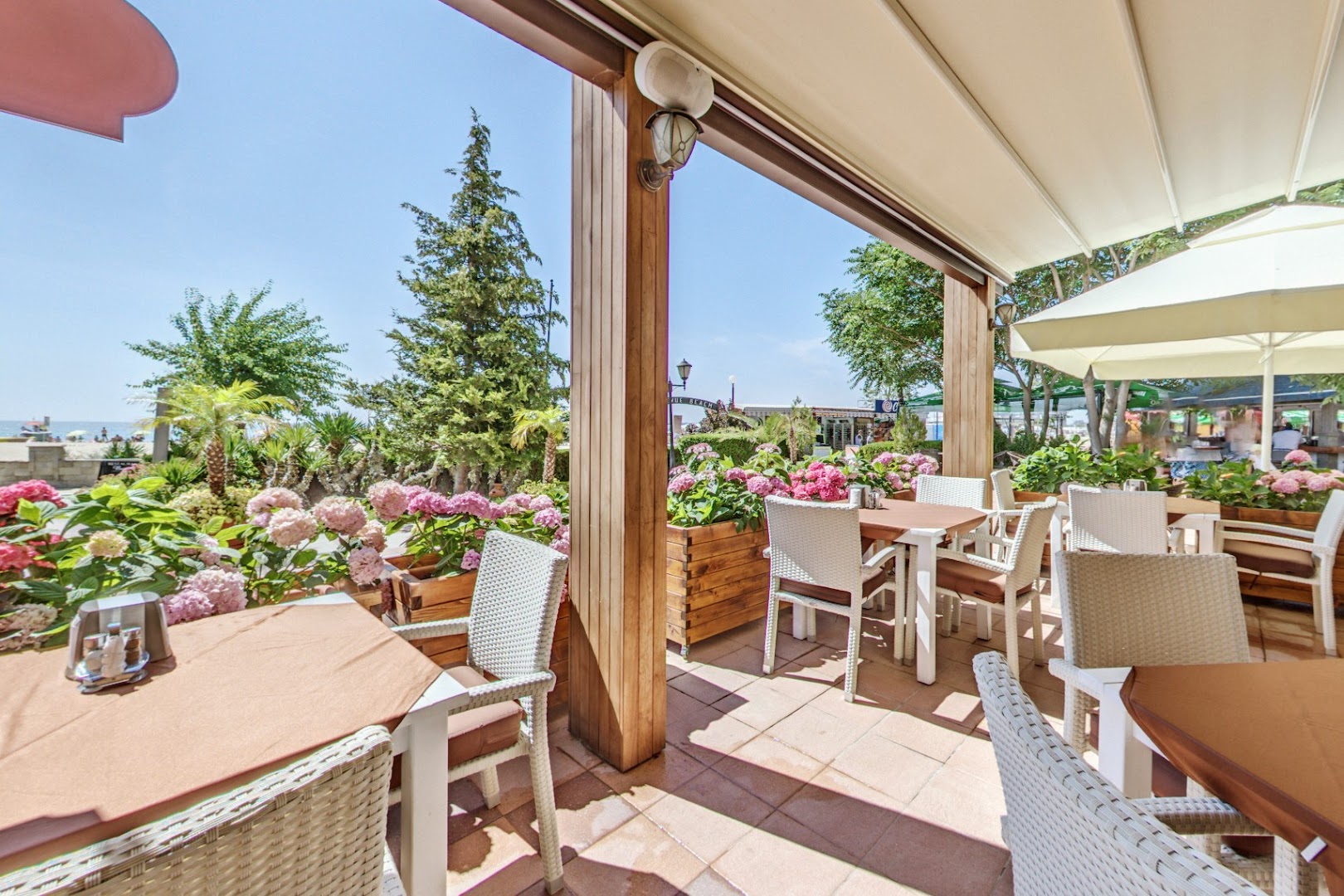 Sentido Bellevue Beach restorāna āra terase ar pītiem krēsliem, ziedošām hortenzijām un skatu uz zaļo zonu