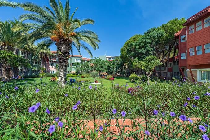 Megasaray Club Belek dārza ainava ar ziedošām puķēm un augstām palmām pie viesnīcas ēkām saulainā dienā Belekā
