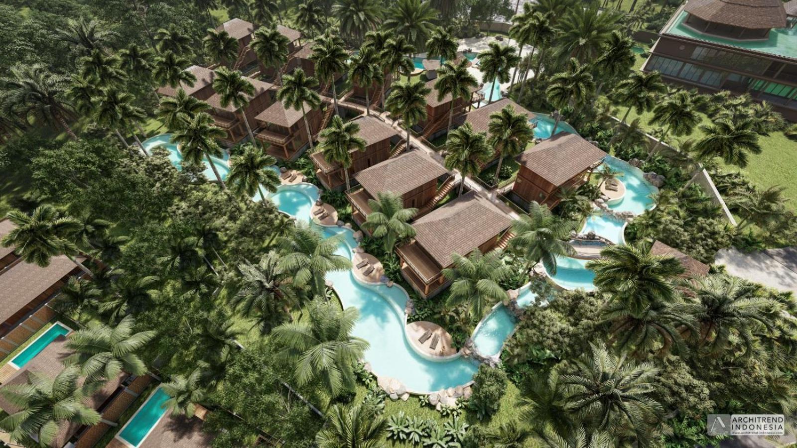 Kappa Senses Zanzibar kūrorta skats no putna lidojuma uz koka bungalo un līkumotu baseinu palmu dārzā Zanzibārā